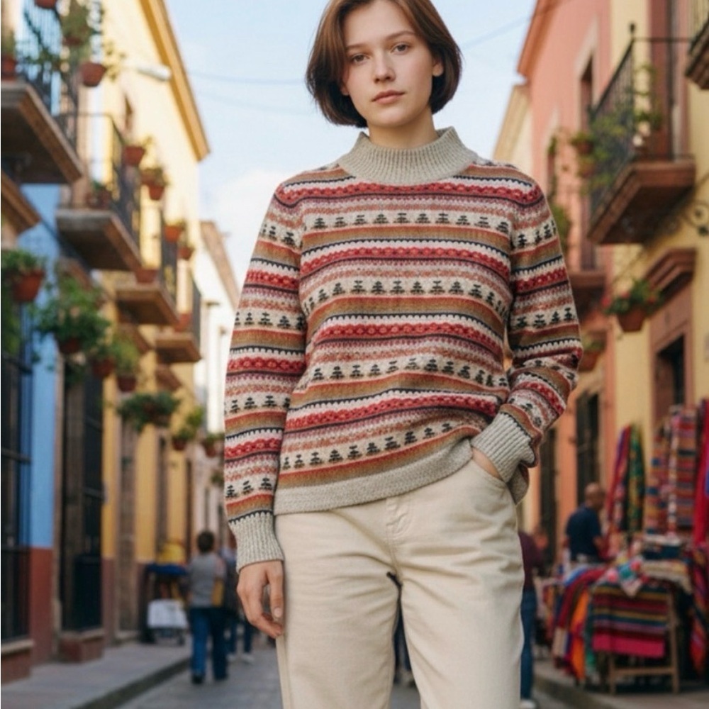 J. Crew  Red and Cream Sail Boat Patterned Turtleneck Sweater Size Large
